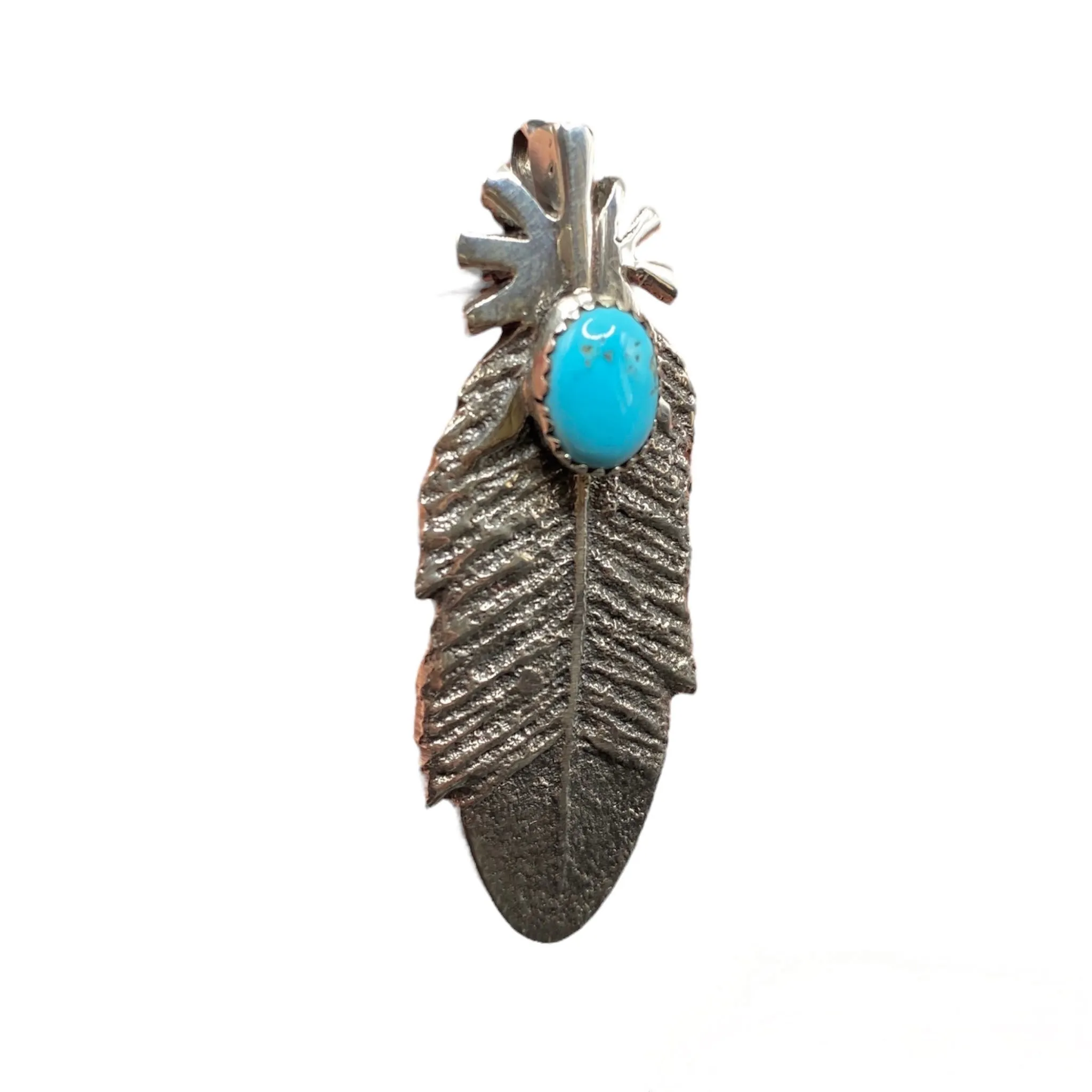 Navajo Silver Sleeping Beauty Turquoise Feather Pendant