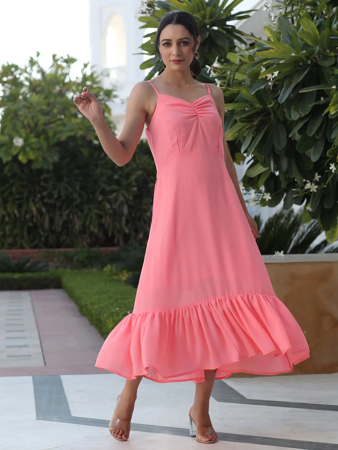 Pink Strappy Flared Georgette Dress