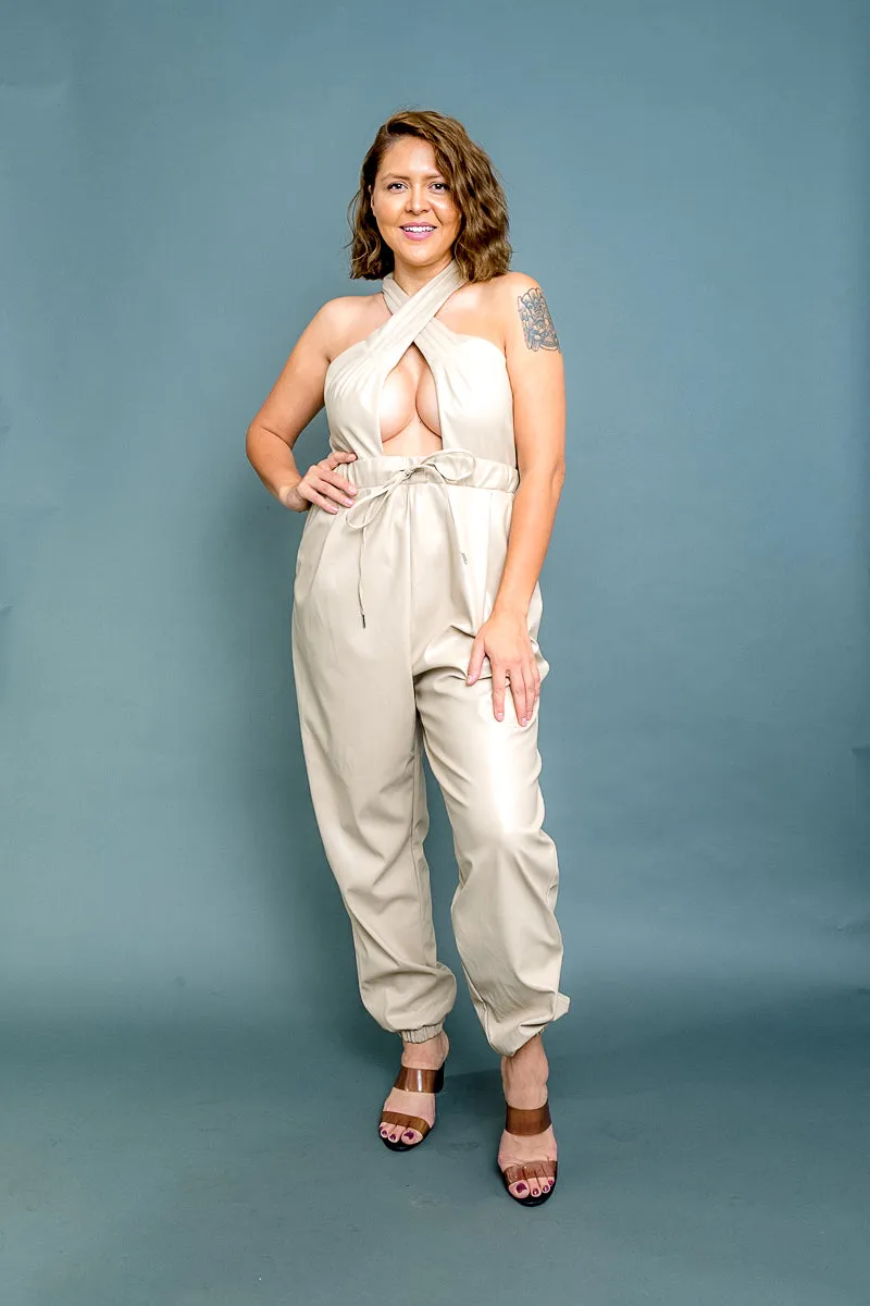 Plus Size Vegan Leather Plunge Keyhole Halter Neck Drawstring Waist Jumpsuit with Low Back in Taupe (561125SK6) Y