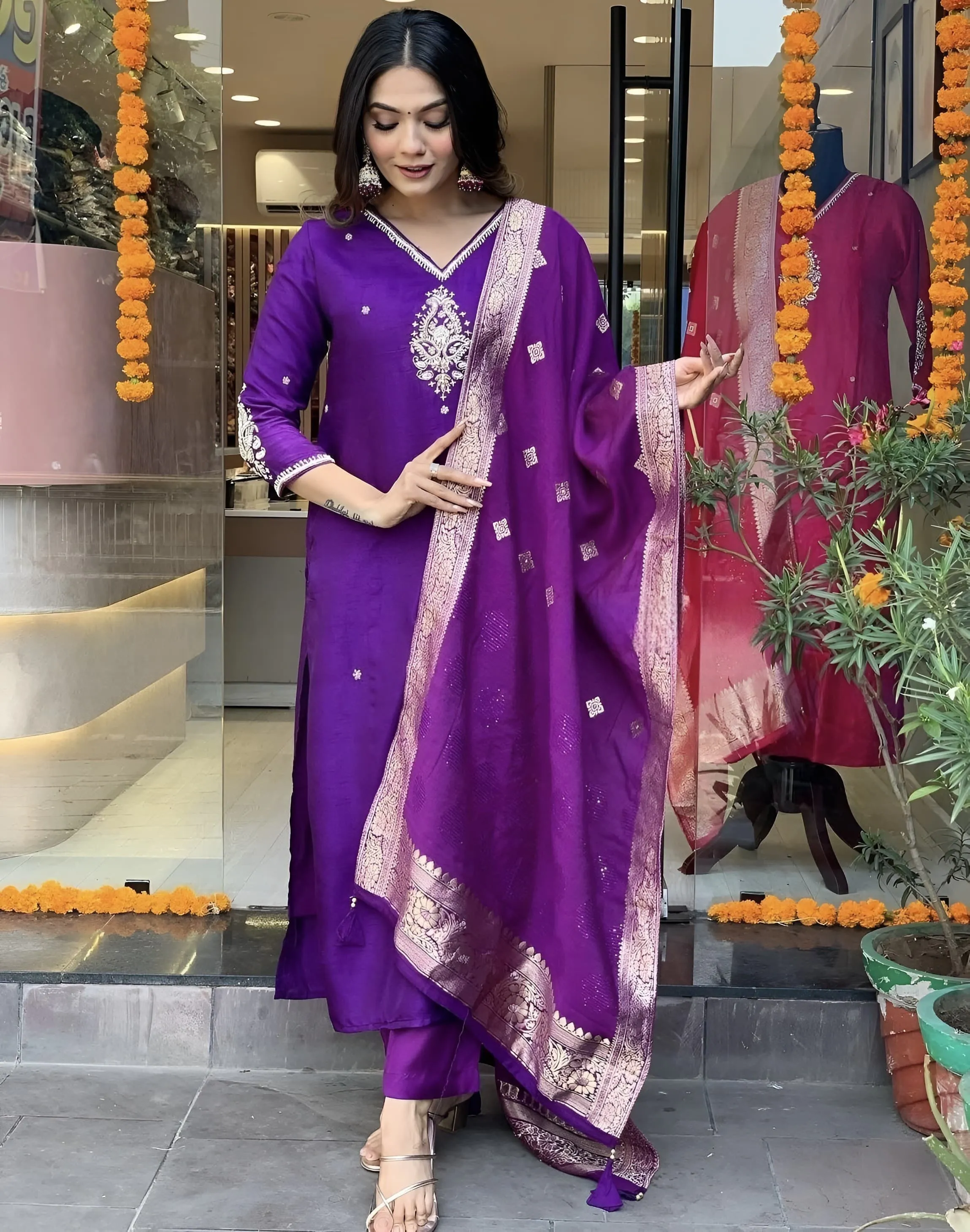 Purple cotton silk embroidered straight kurta set with dupatta