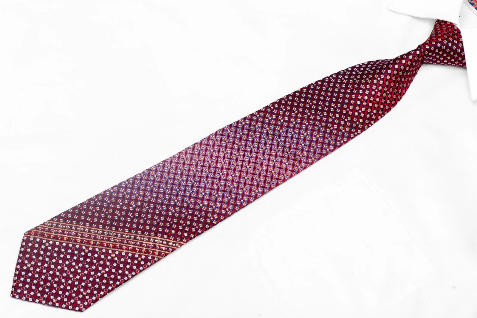 Purple Geometric On Burgundy Rhinestone Silk Tie With Silver Sparkles