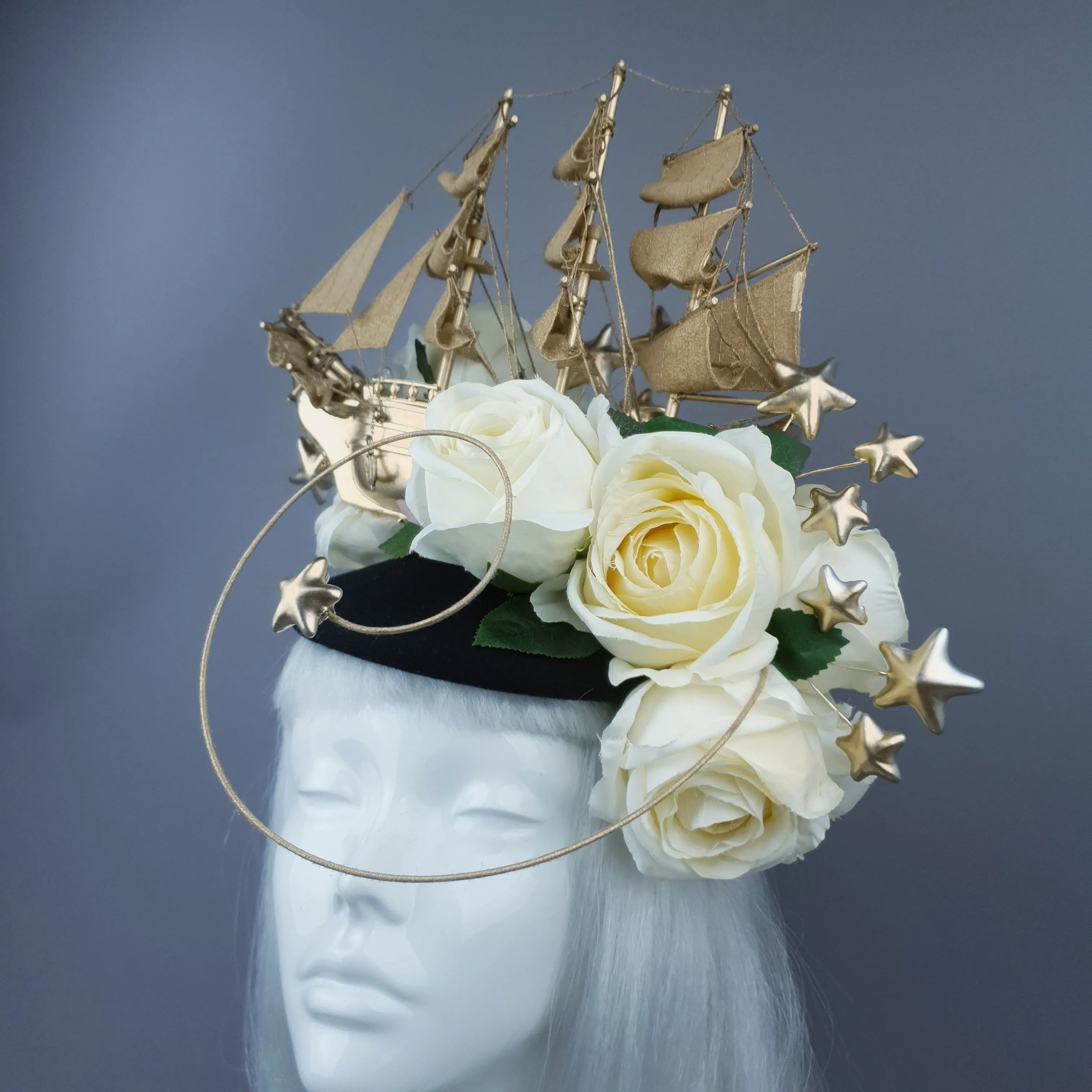 "Grace O'Malley" Gold Ship, Stars & Ivory Roses Headdress