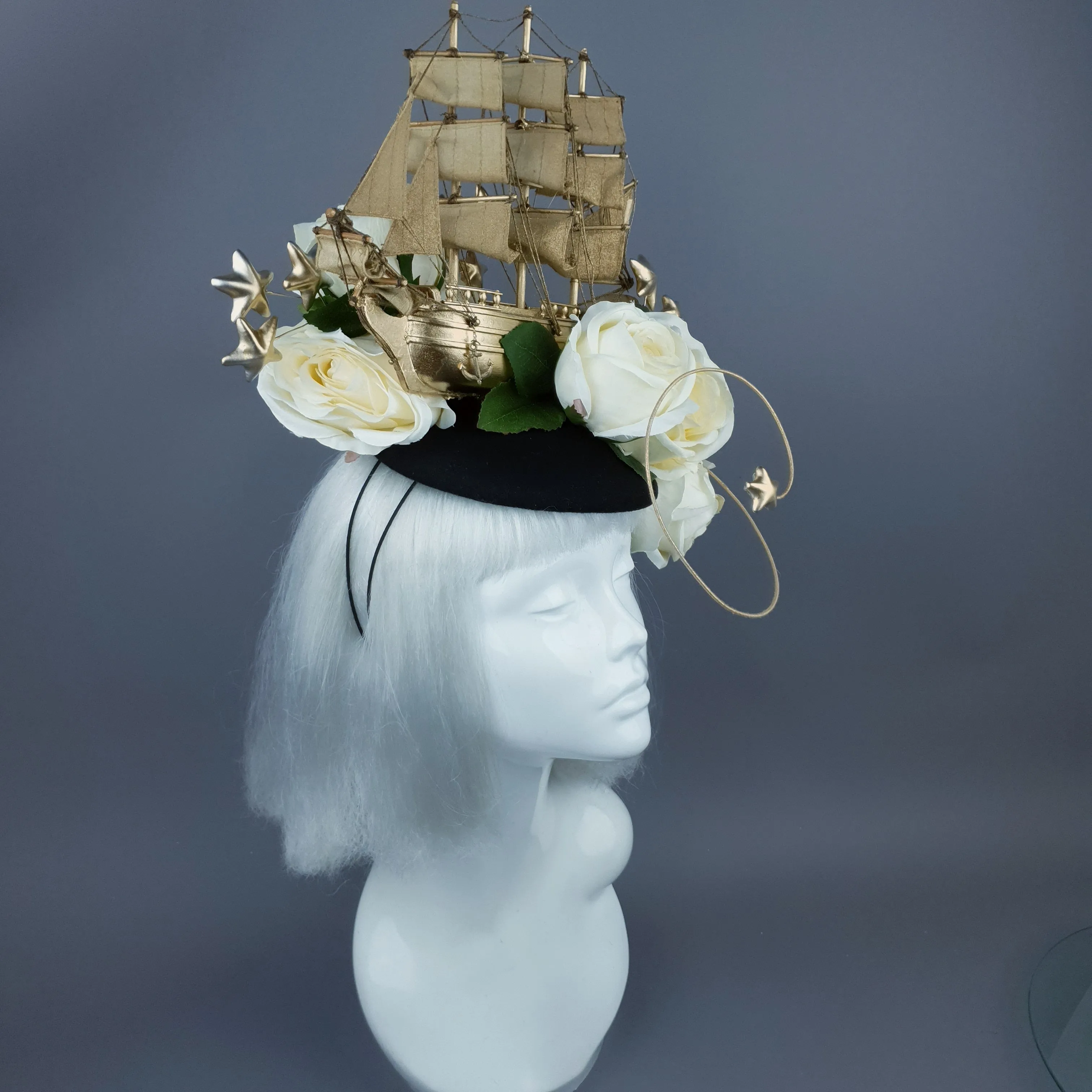 "Grace O'Malley" Gold Ship, Stars & Ivory Roses Headdress