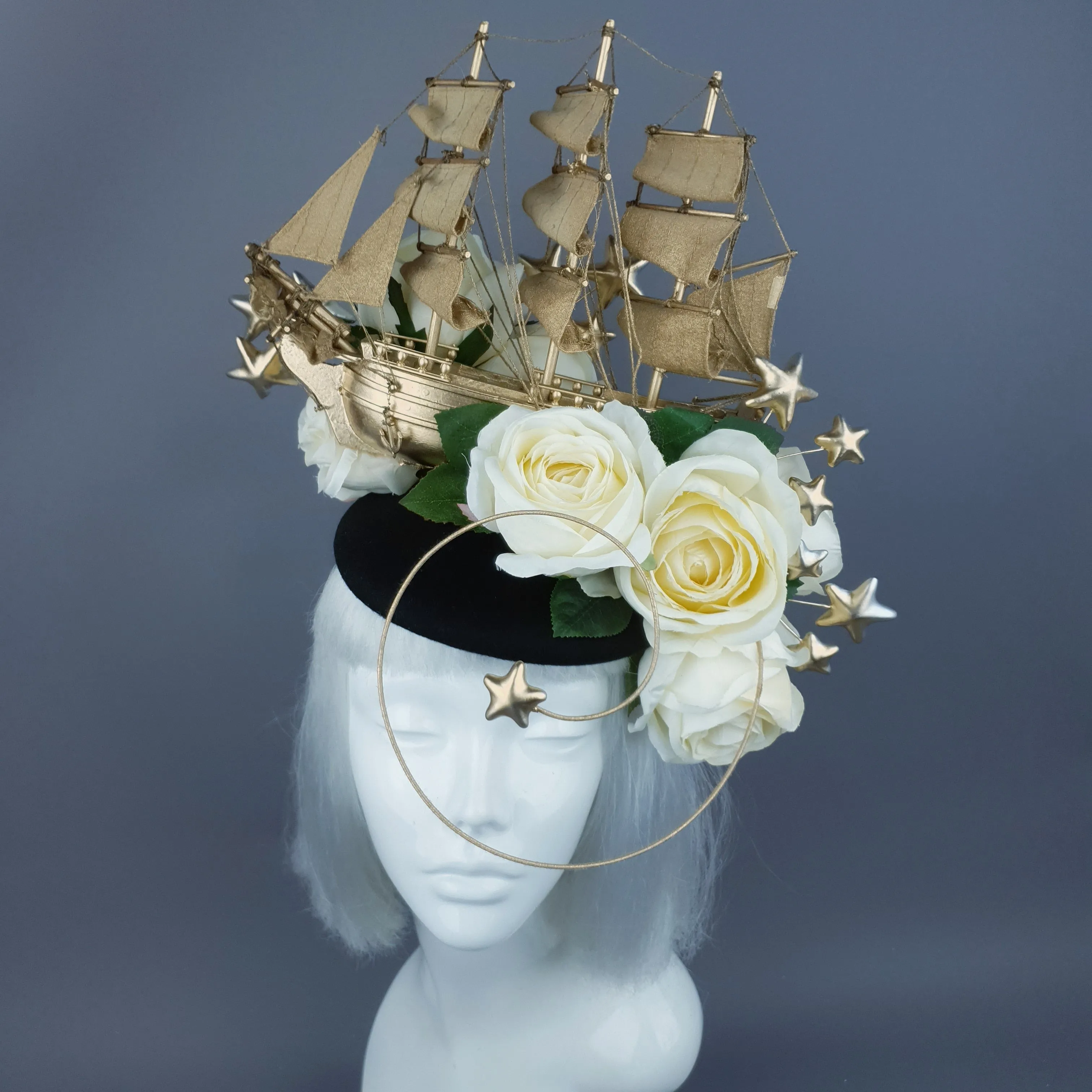 "Grace O'Malley" Gold Ship, Stars & Ivory Roses Headdress