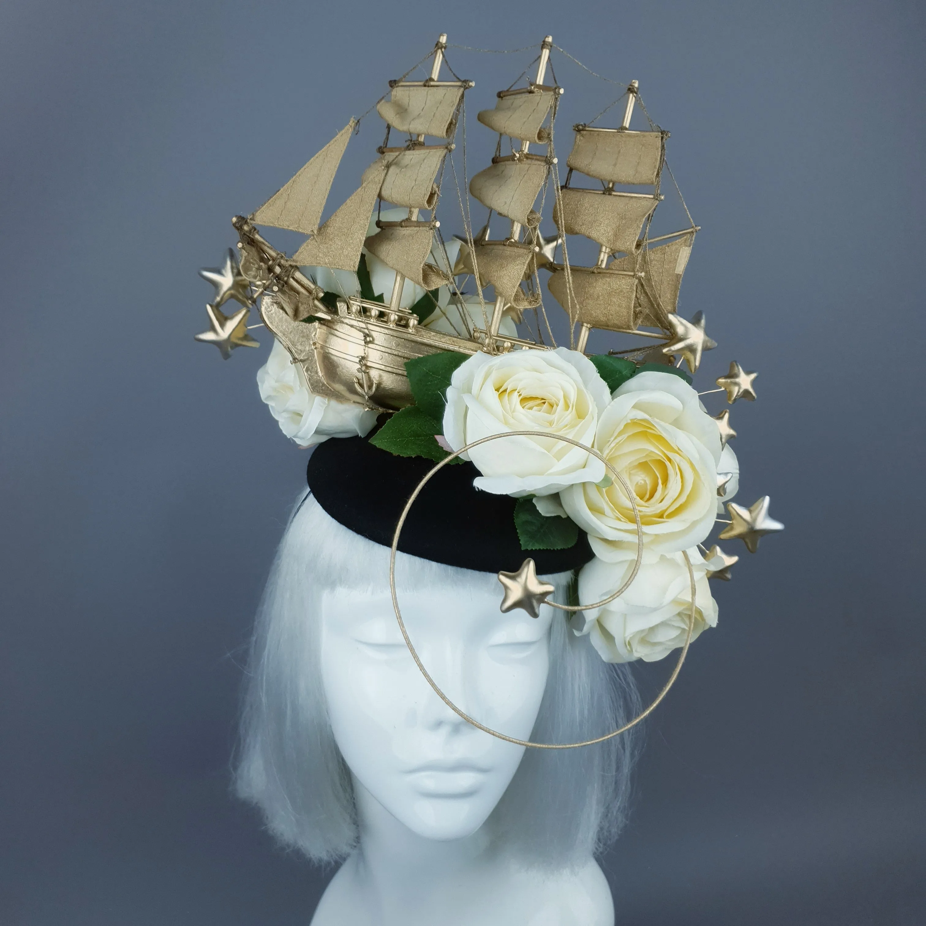 "Grace O'Malley" Gold Ship, Stars & Ivory Roses Headdress