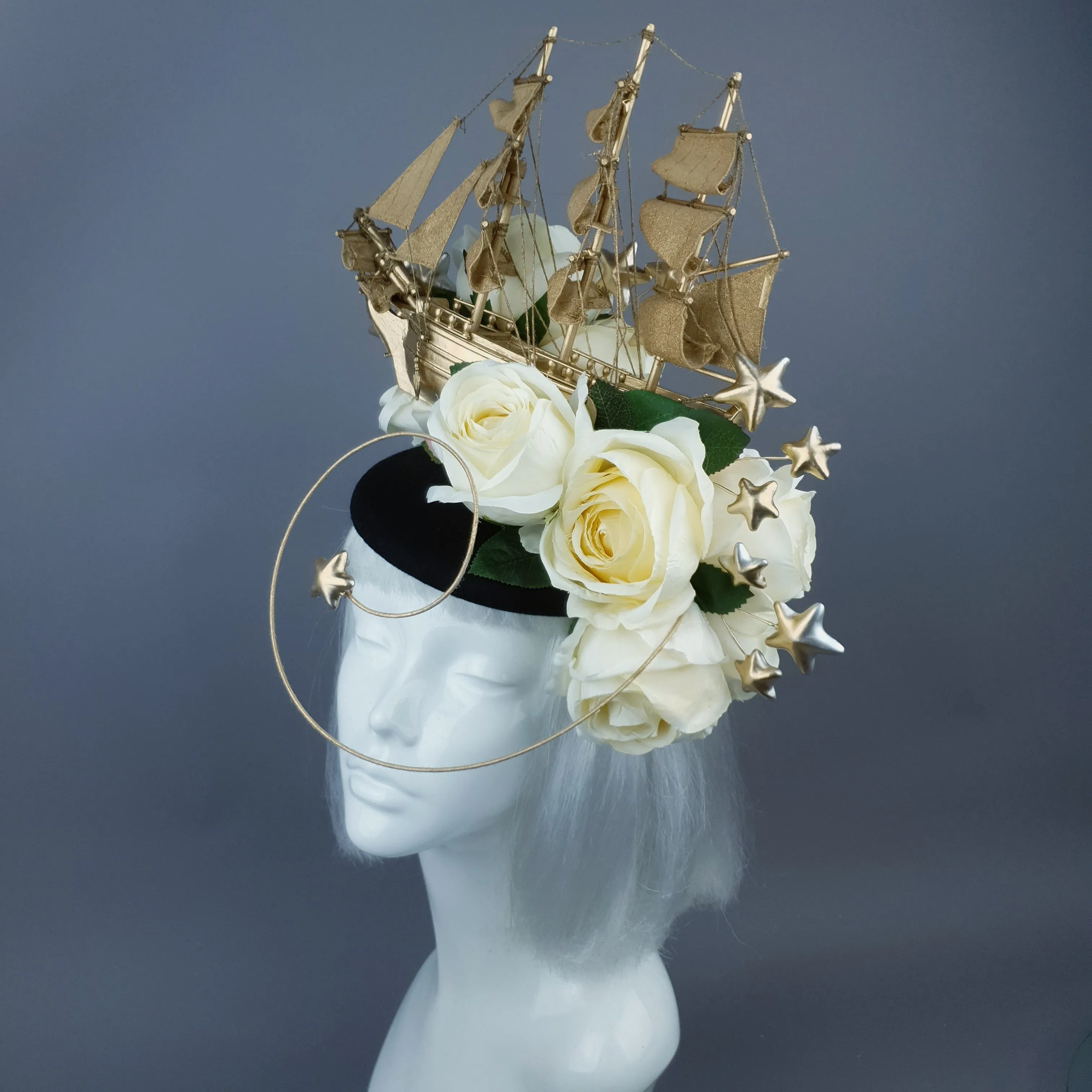 "Grace O'Malley" Gold Ship, Stars & Ivory Roses Headdress