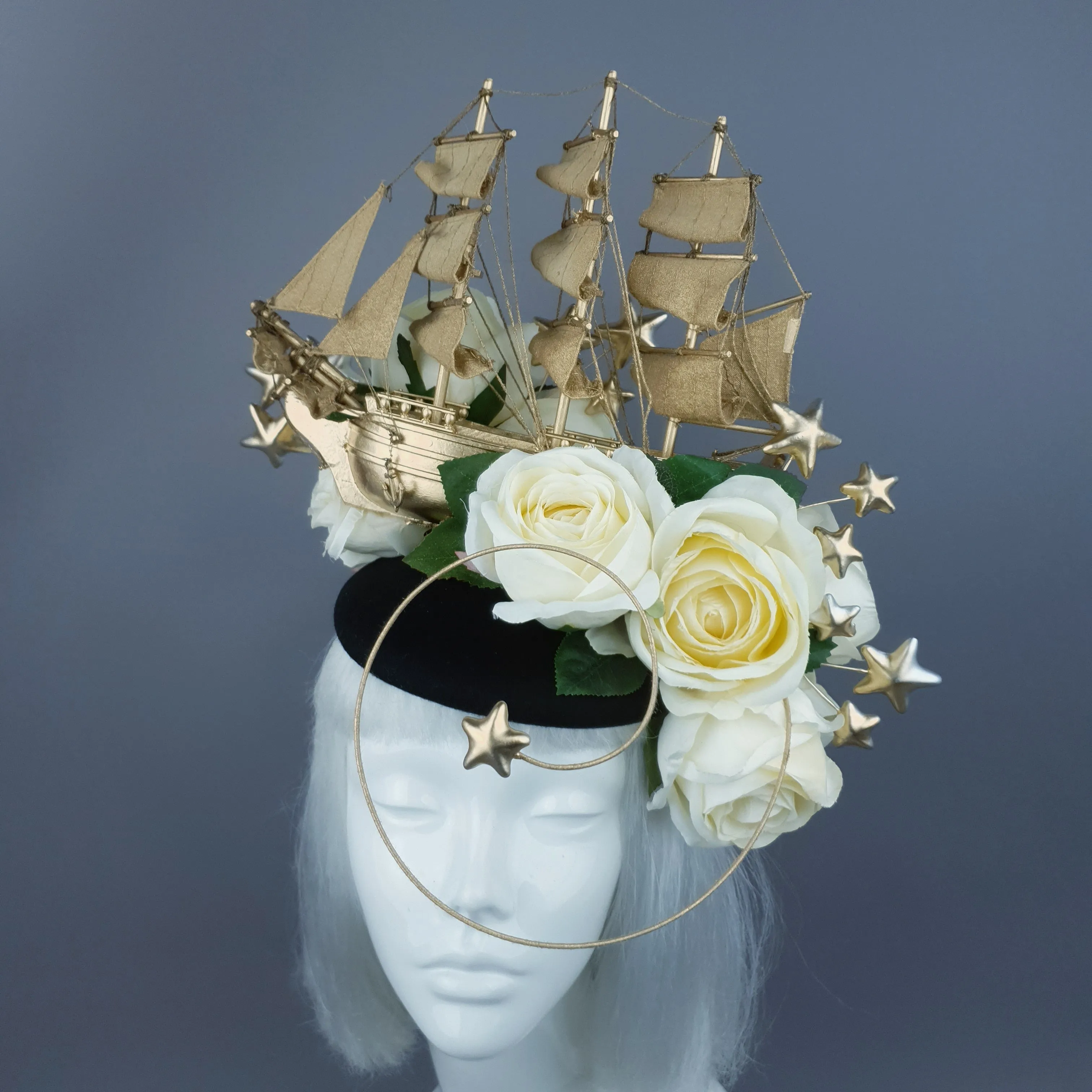 "Grace O'Malley" Gold Ship, Stars & Ivory Roses Headdress