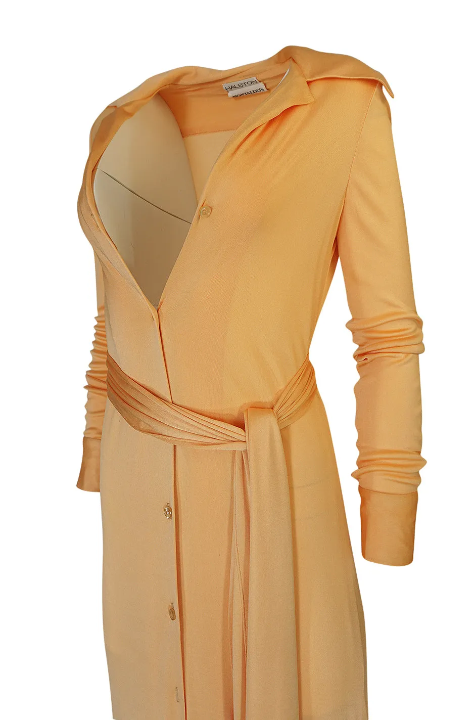 Rare 1972 Halston Couture Peach Silk Jersey Belted Shirt Dress