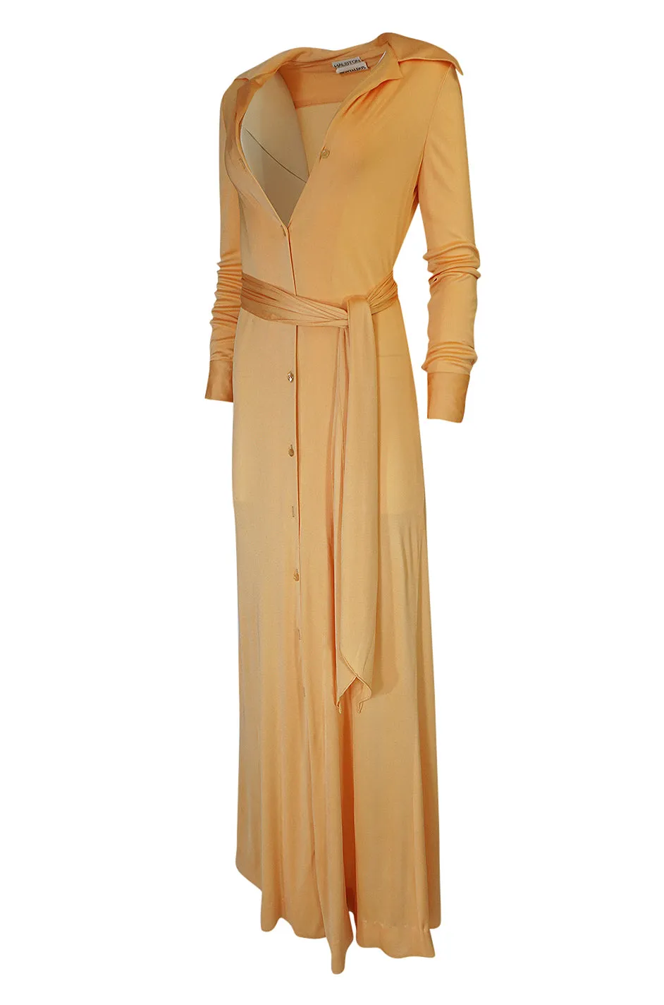 Rare 1972 Halston Couture Peach Silk Jersey Belted Shirt Dress