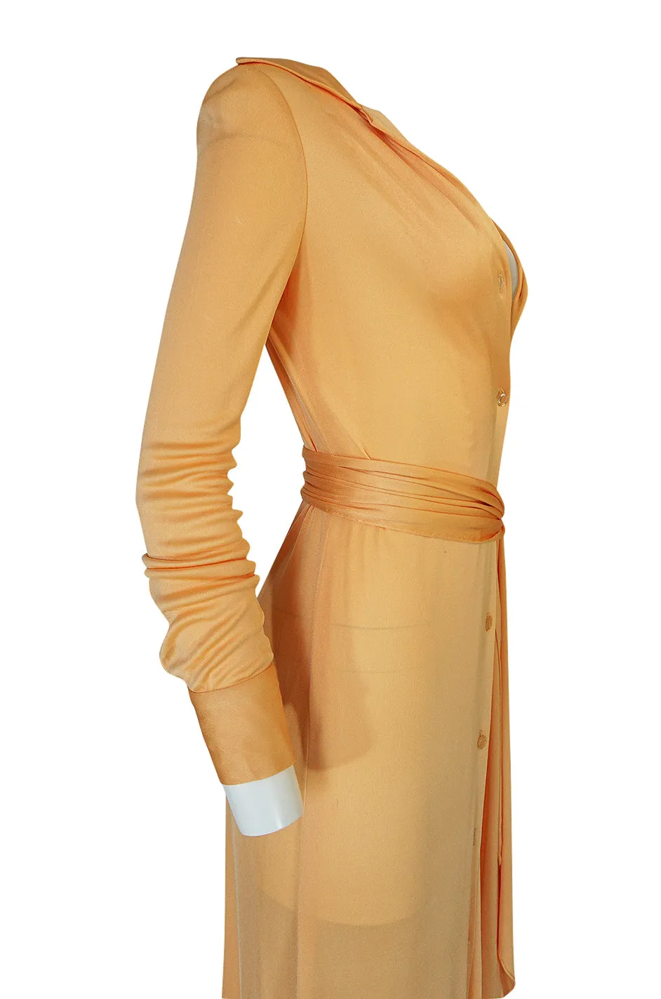 Rare 1972 Halston Couture Peach Silk Jersey Belted Shirt Dress