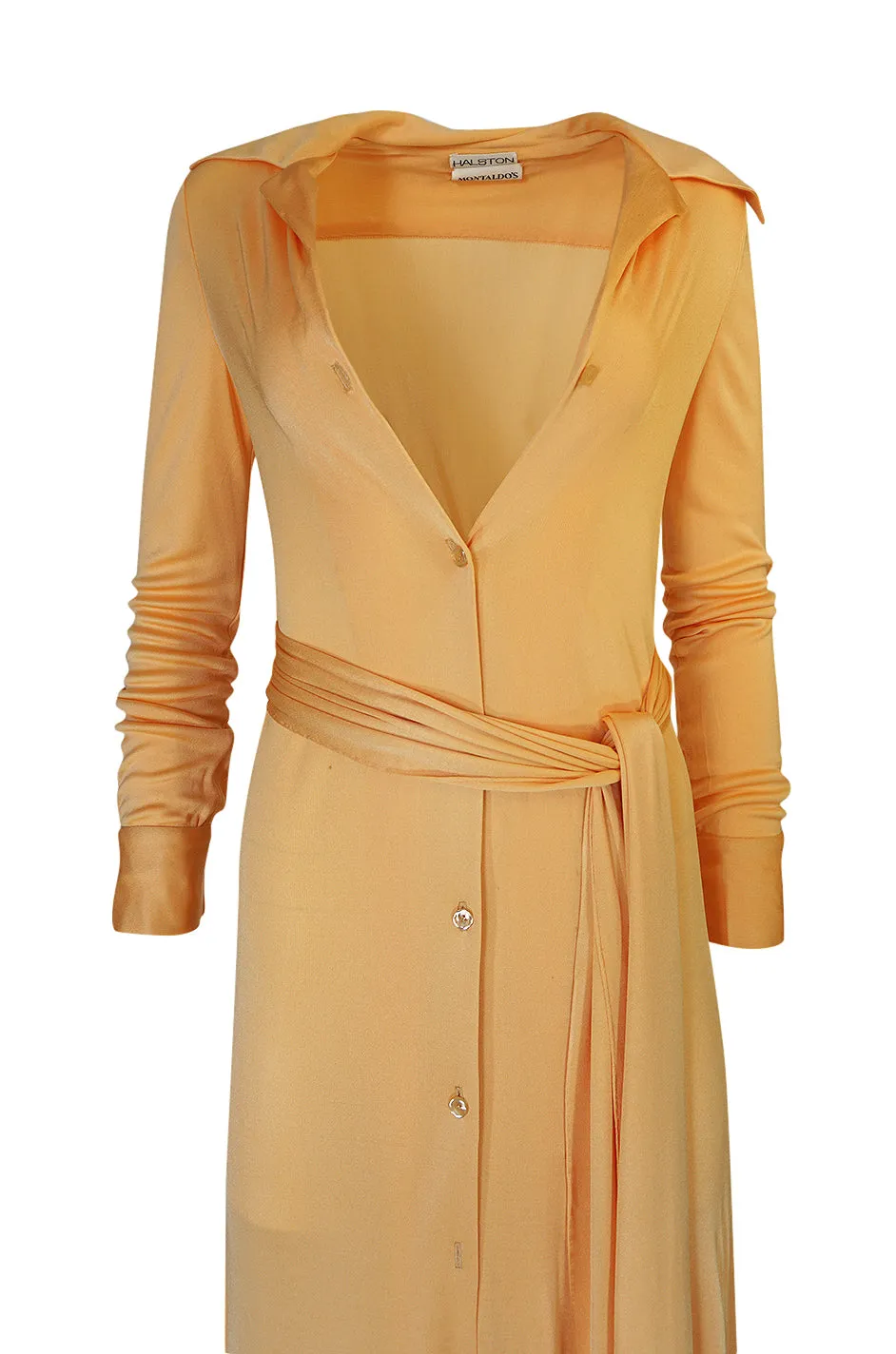 Rare 1972 Halston Couture Peach Silk Jersey Belted Shirt Dress