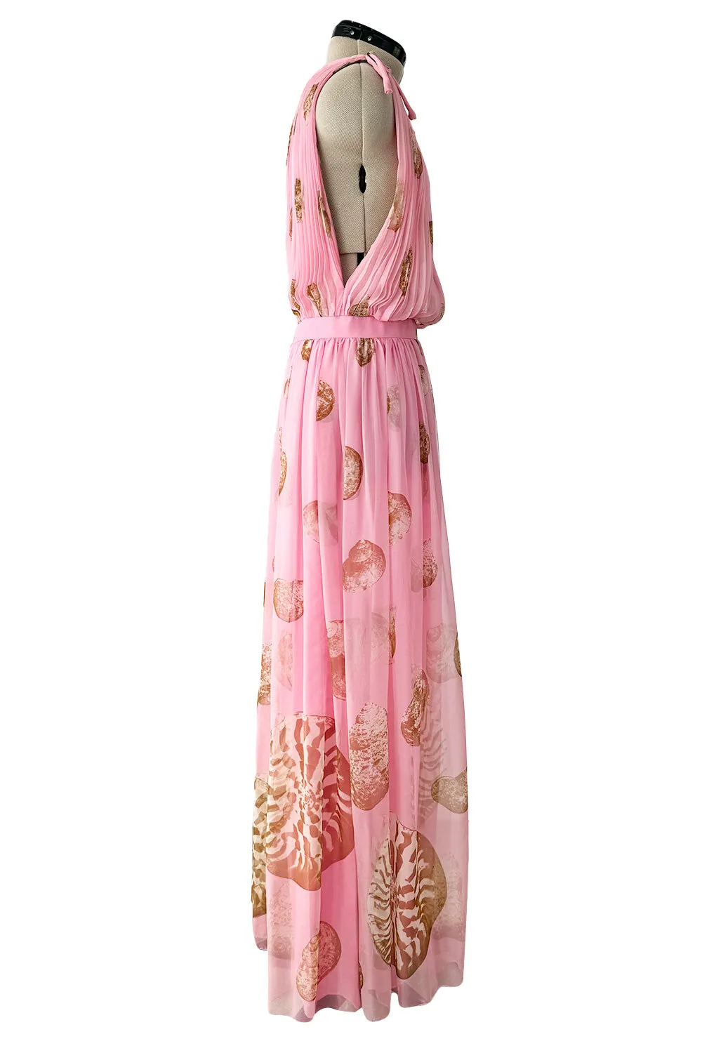 Romantic Spring 1974 Valentino Documented Pink Silk Chiffon Dress w the Iconic Shell Print