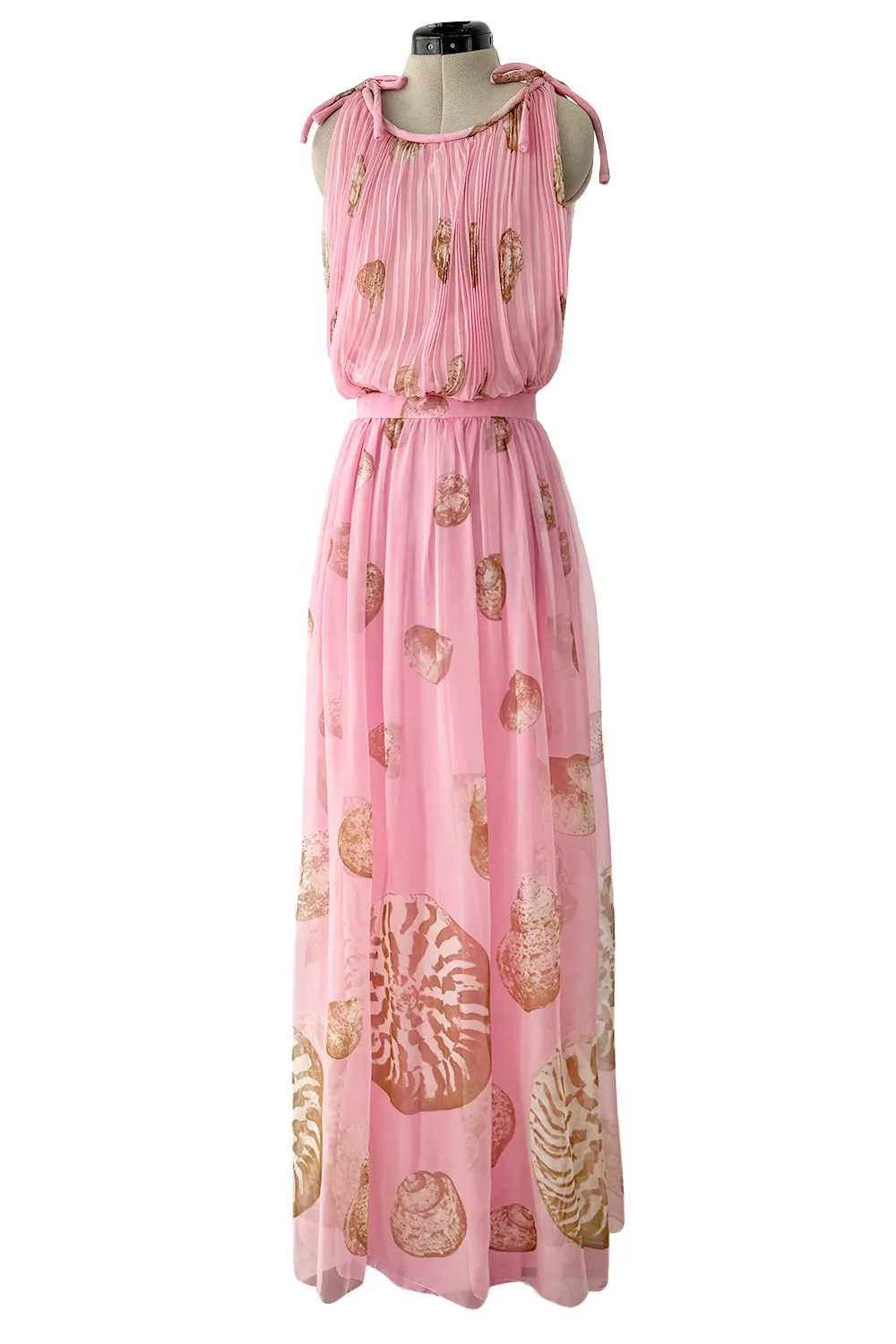 Romantic Spring 1974 Valentino Documented Pink Silk Chiffon Dress w the Iconic Shell Print