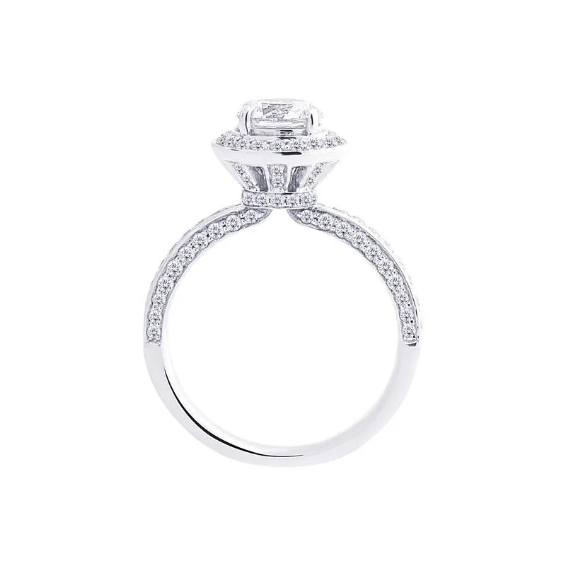 Round Diamond Halo Engagement Ring with Graduating Pave Diamond Band