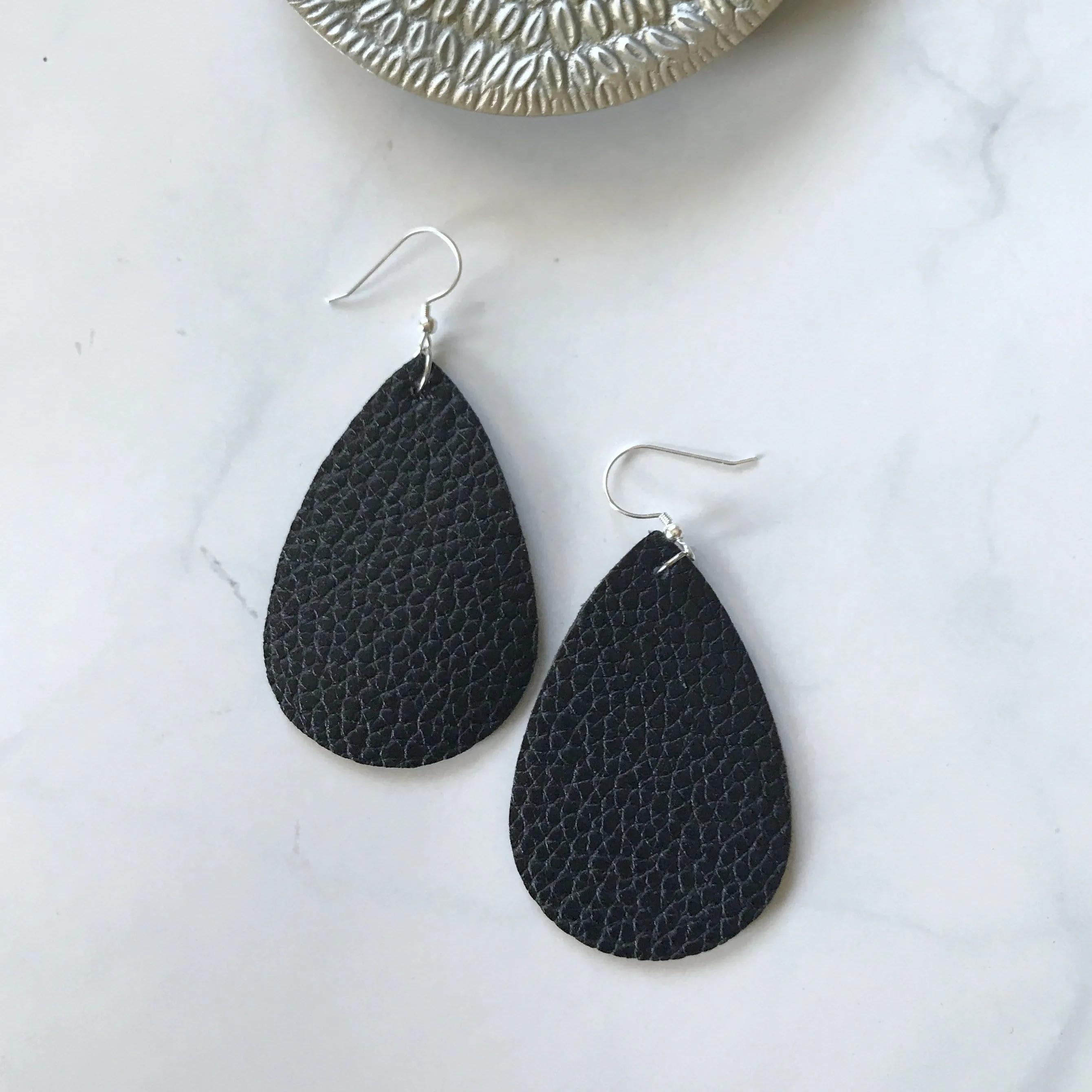 Sarah - Black Faux Leather Teardrop Earrings