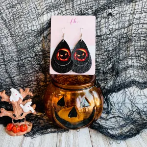 Sparkling Spooky Jack-O-Lantern Faux Leather Drop Ear Bling