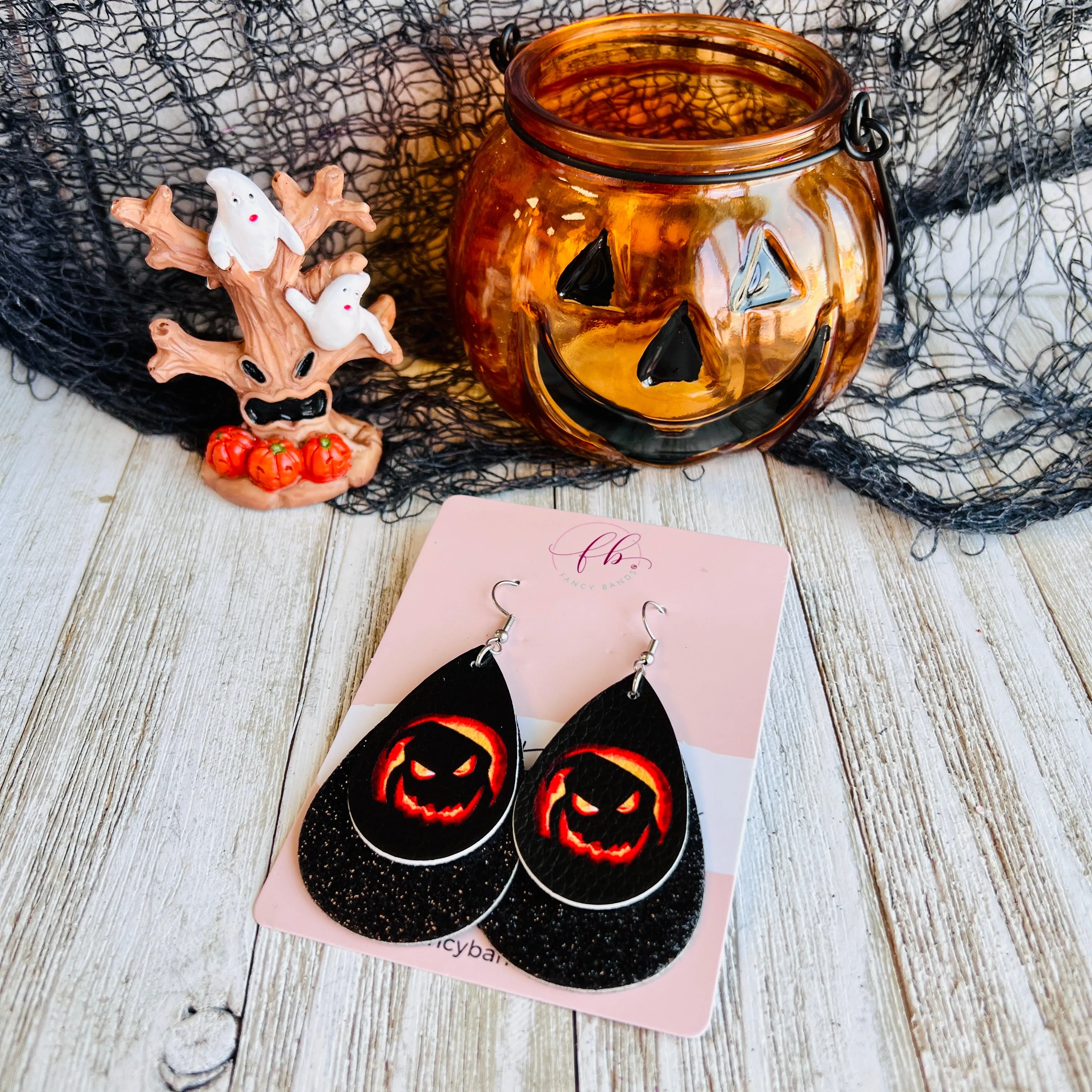 Sparkling Spooky Jack-O-Lantern Faux Leather Drop Ear Bling