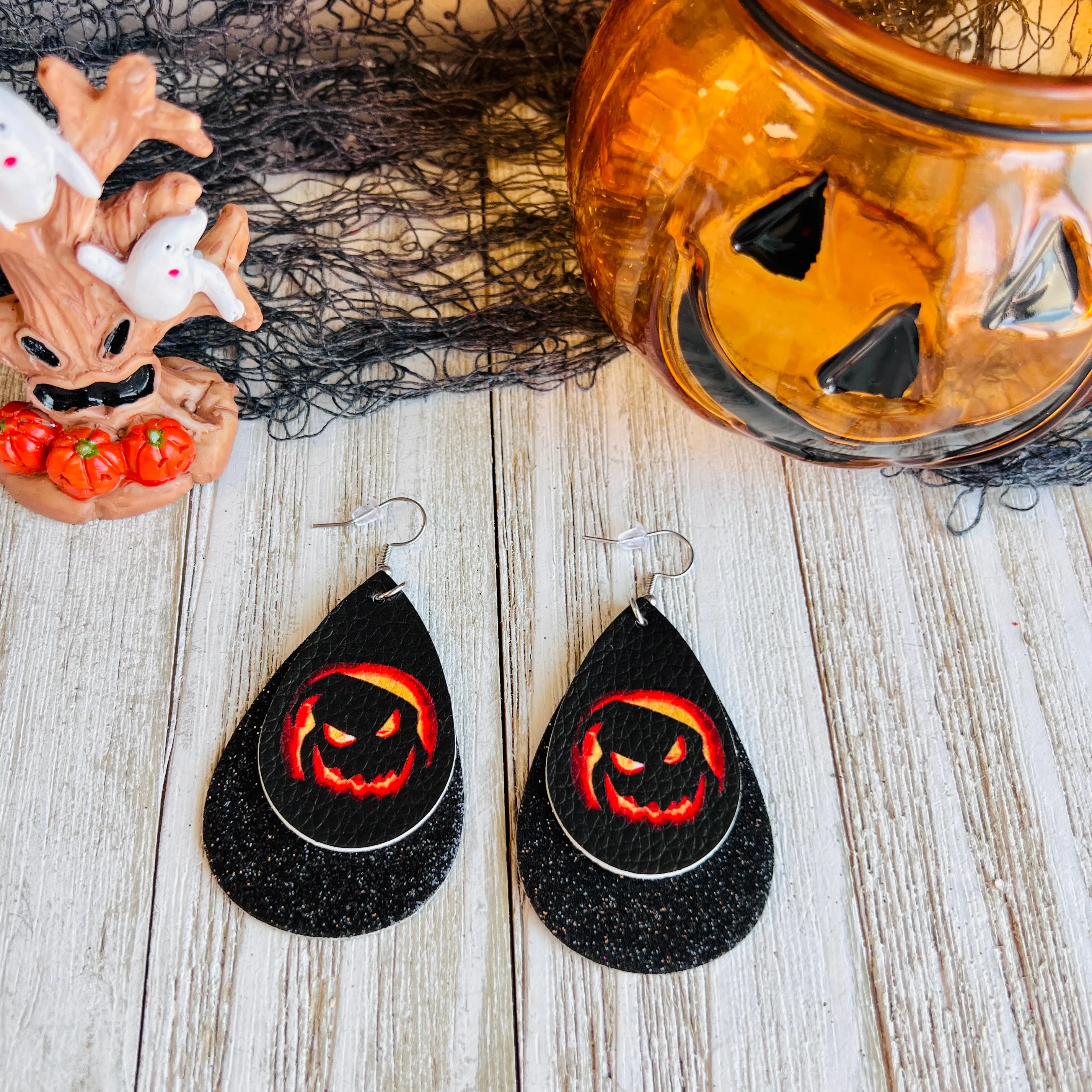 Sparkling Spooky Jack-O-Lantern Faux Leather Drop Ear Bling