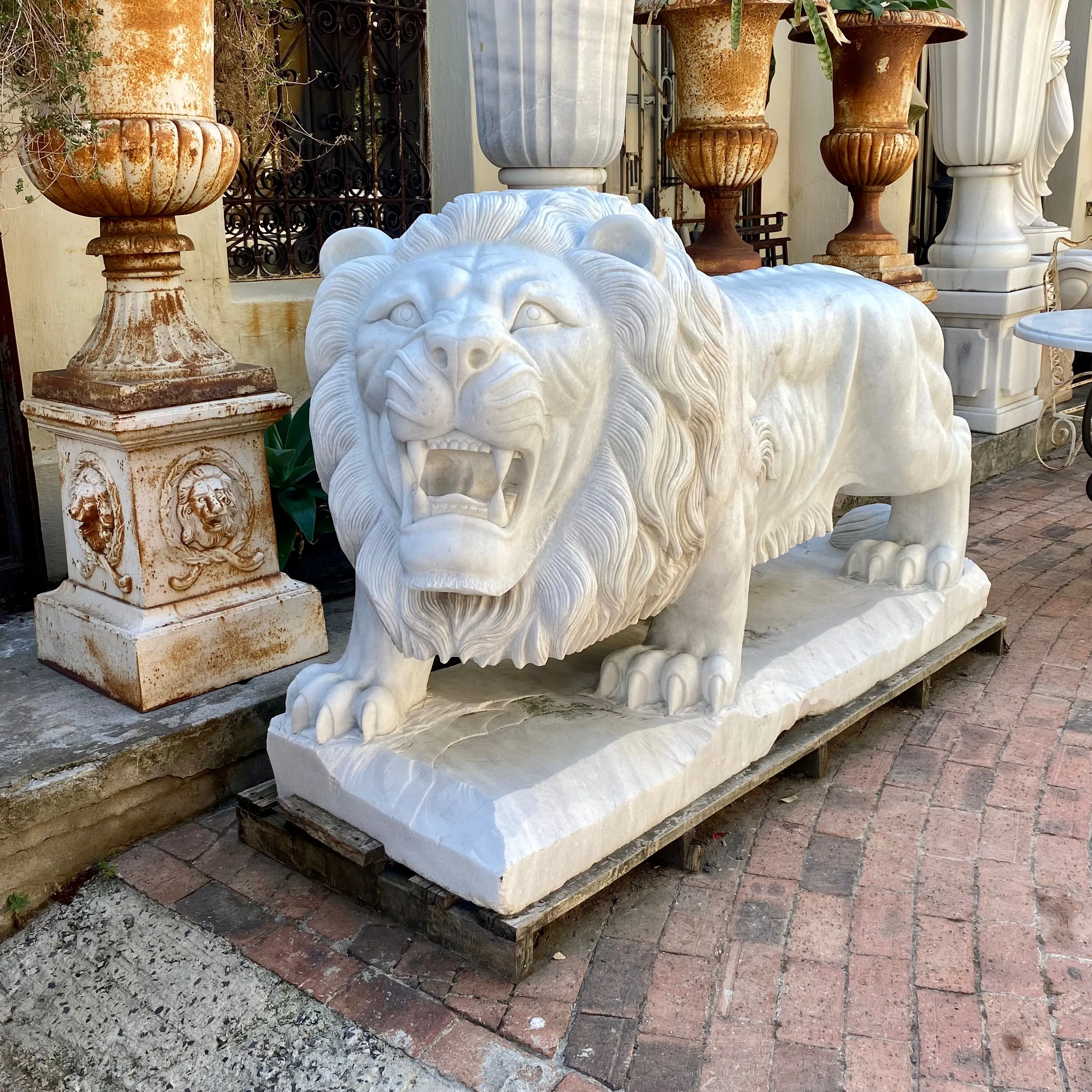 Spectacular! Pair of Carved White Marble Lions