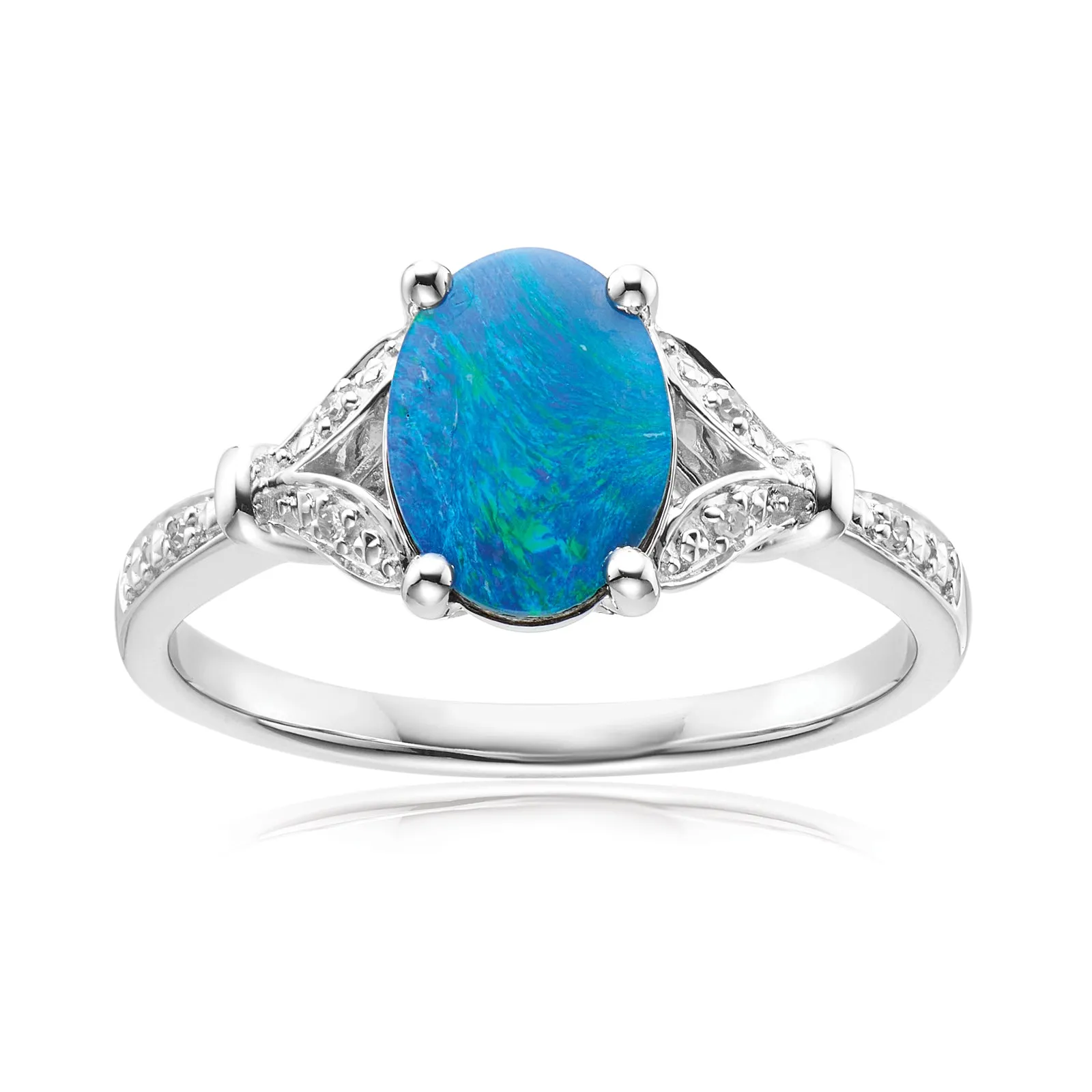 Sterling Silver Oval Cut 9x7mm Black Opal and Diamonds Ring