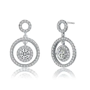 Sterling Silver with White Gold Plated Clear Round Cubic Zirconia Three Halo Drop Earrings