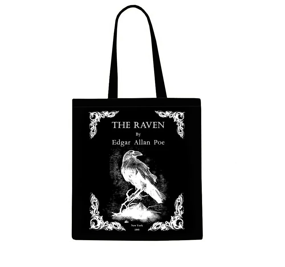 The Raven by Edgar Allan Poe tote bag. Black Handbag with The Raven book design. Book Bag. Library bag. Black Bag. Edgar Allan Poe Gift