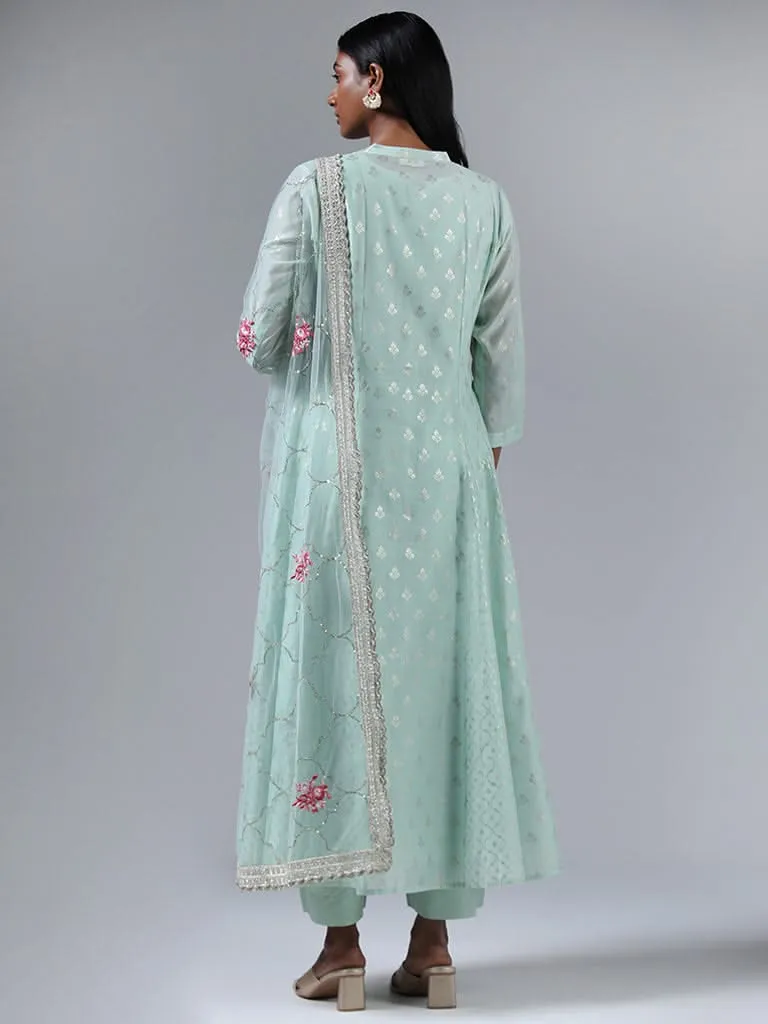 Vark Turquoise Anarkali Kurta, Inner, Palazzos & Dupatta