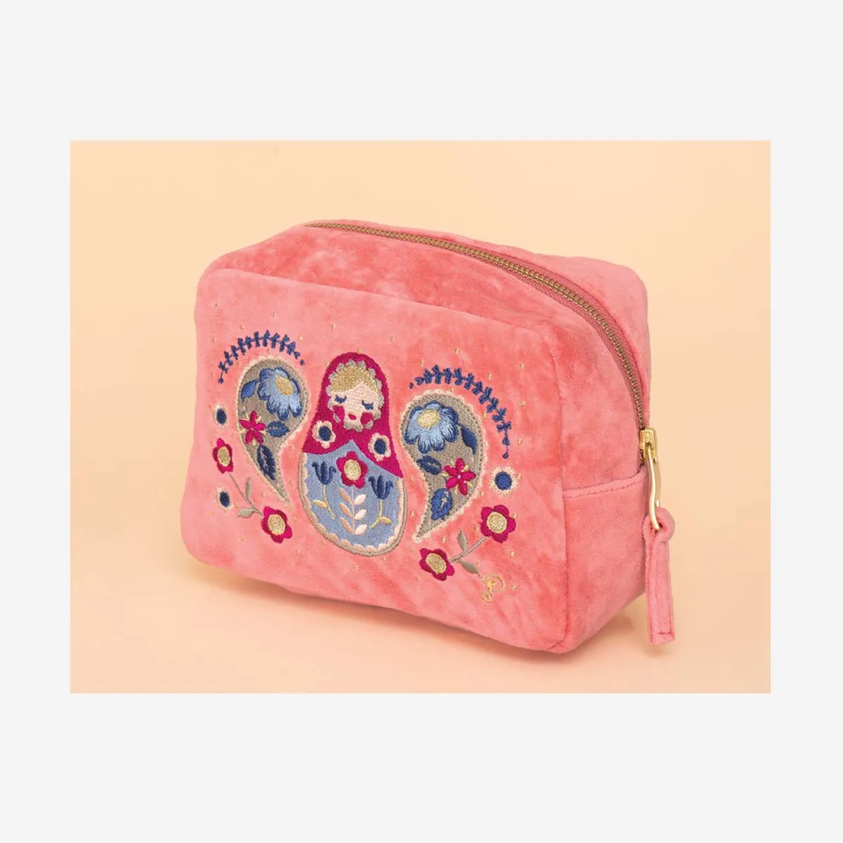 VELVET EMBROIDERED MAKE-UP BAG - MATRYOSHKA DOLL PETAL