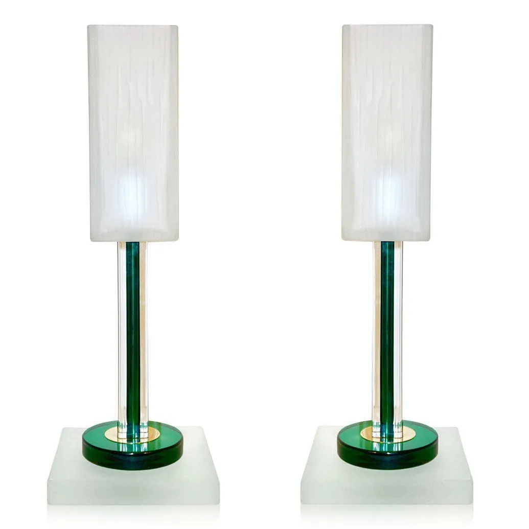 Venini Vintage Green Pair of Table Lamps with White Frosted Murano Glass Shades