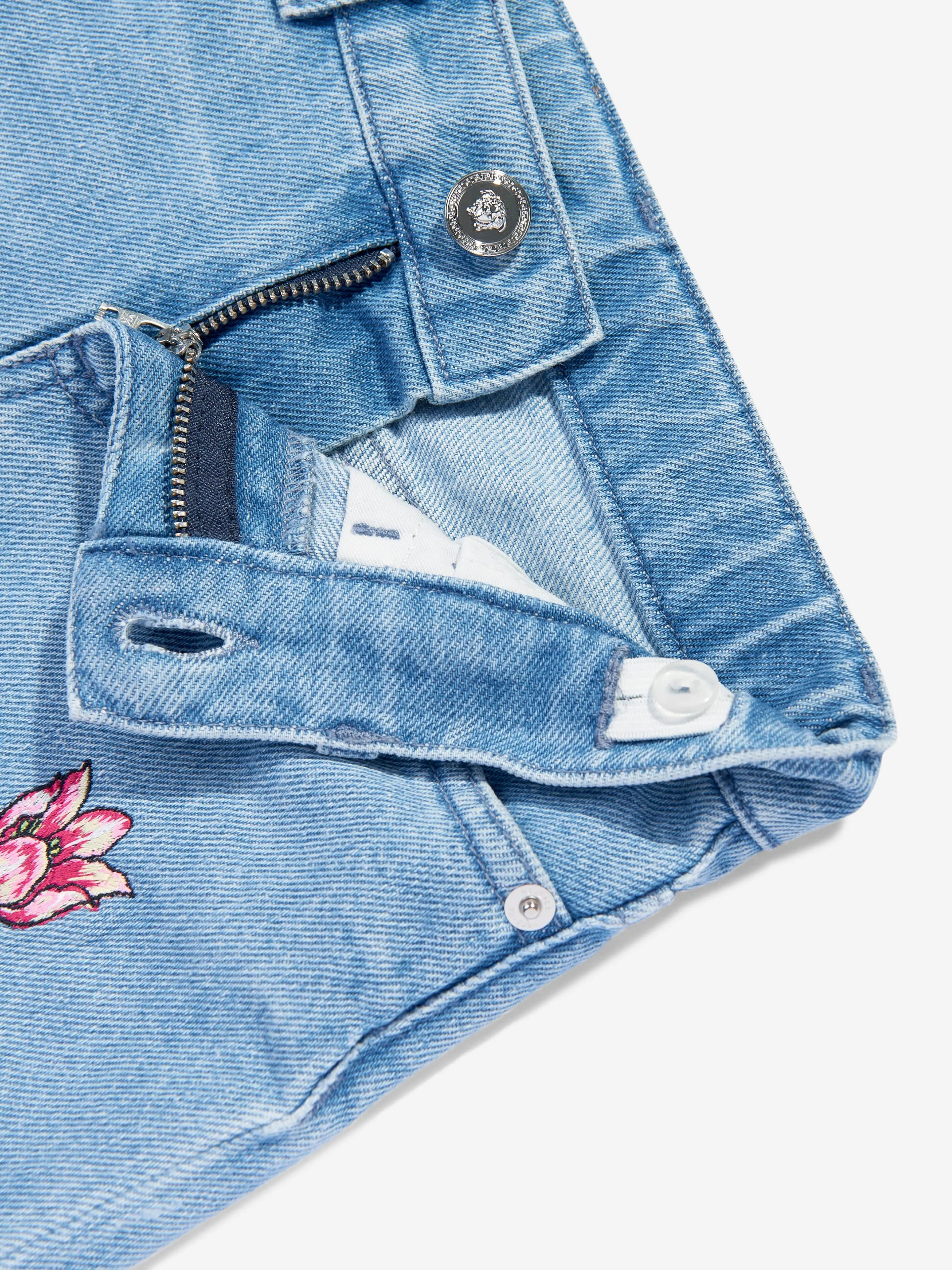 Versace Girls Embroidered Flowers Denim Shorts in Blue