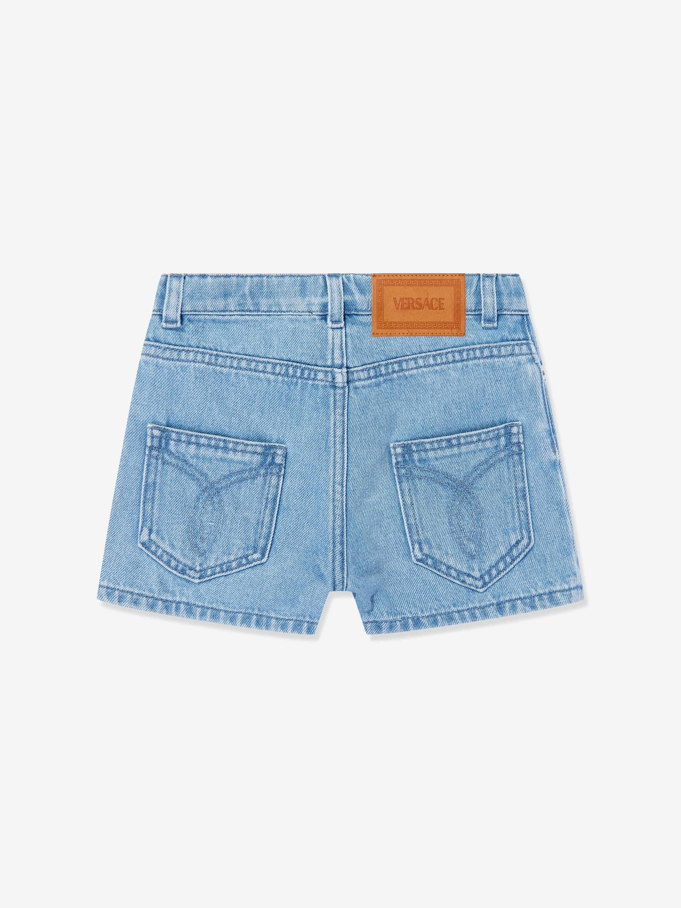 Versace Girls Embroidered Flowers Denim Shorts in Blue