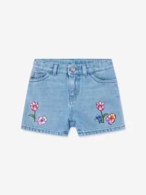 Versace Girls Embroidered Flowers Denim Shorts in Blue