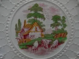 Vintage Hand Painted Red Transferware Plate Spode Jewel Exquisite Lace Border Grazing Cattle & Cottage