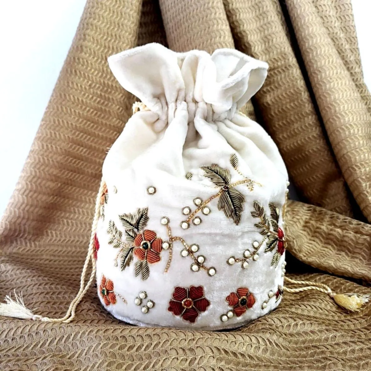 White Velvet Bucket Bag Potli Bag