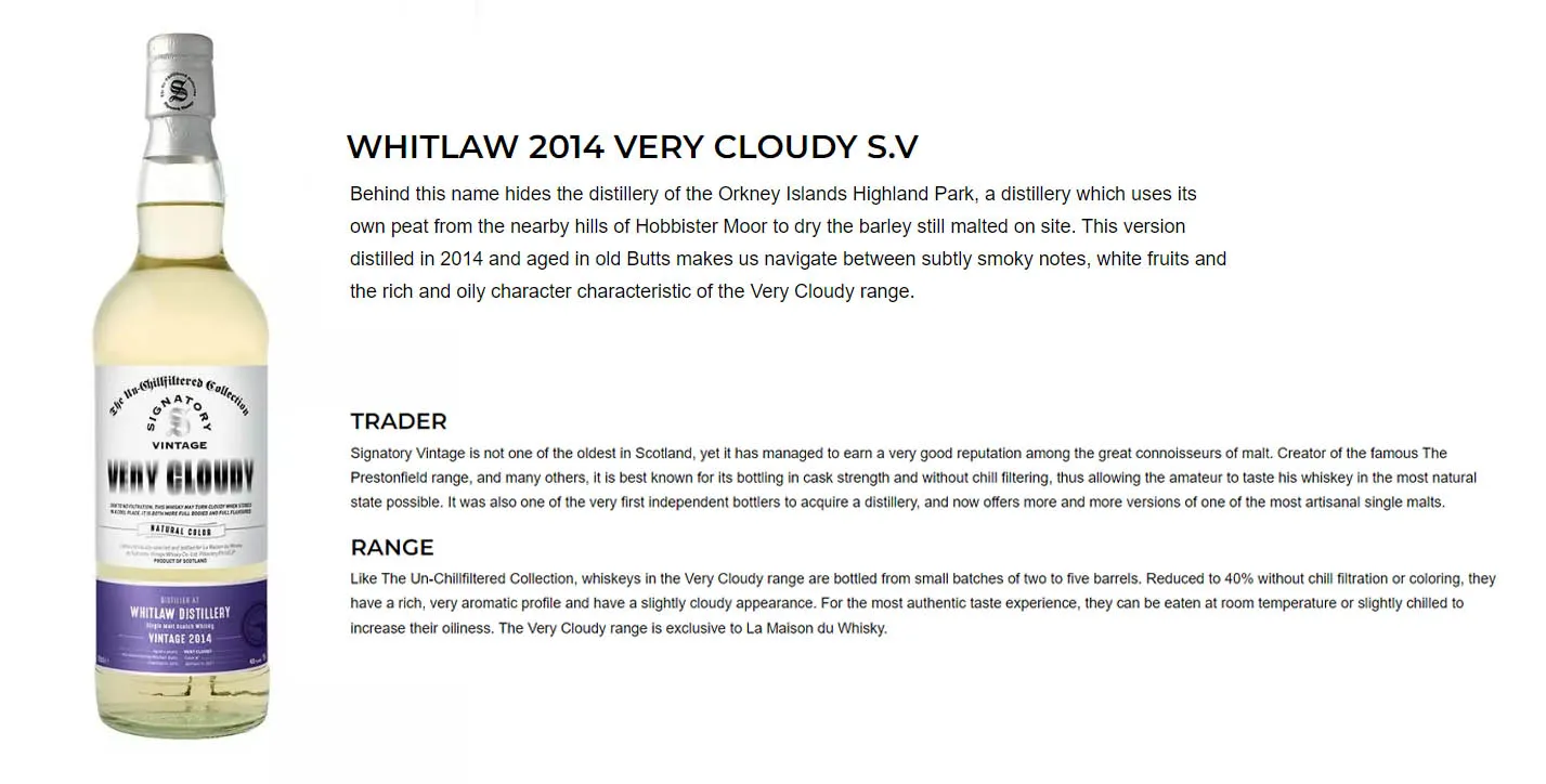 Whitlaw 2014 6 Year Signatory Vintage Very Cloudy Single Malt Whisky 700ml ABV 40%