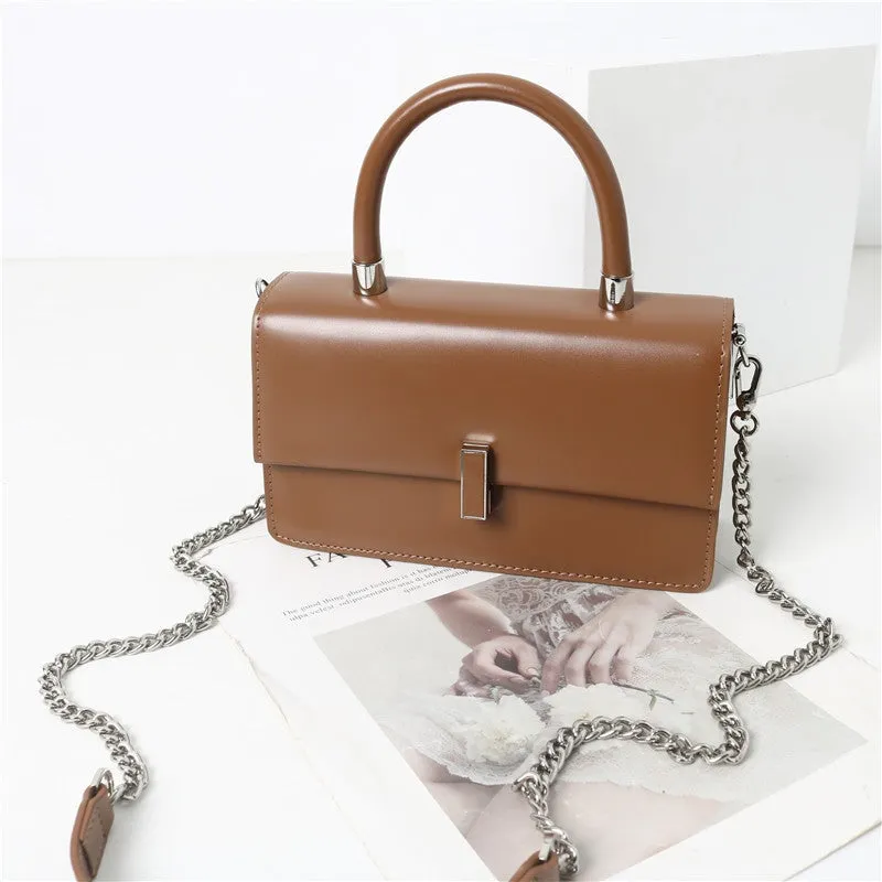 Womens Calfskin Leather Top Handle Chain Bag