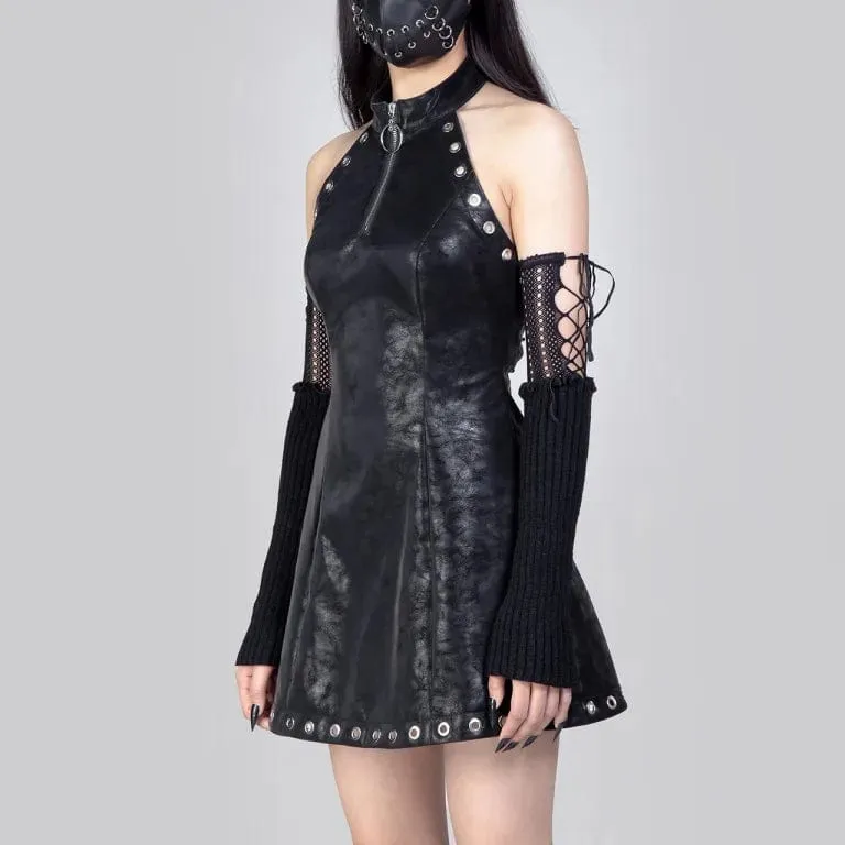 Women's Gothic Eyelet Faux Leather Halterneck Dress