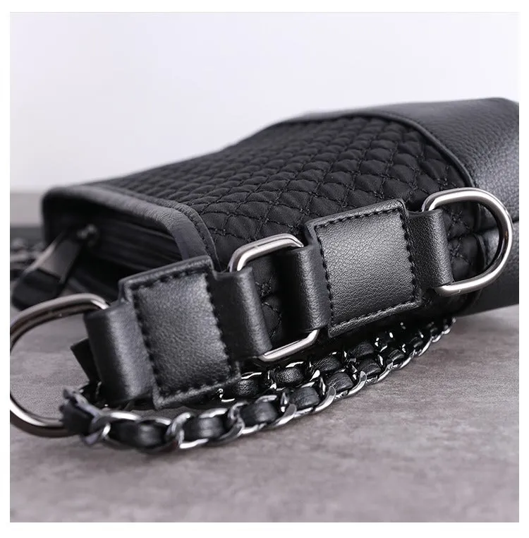 Womens Nylon Leather Shoulder Bag Womens Black Diamond Nylon Chain Shoulder Purse Nylon Chain Purse for Ladies