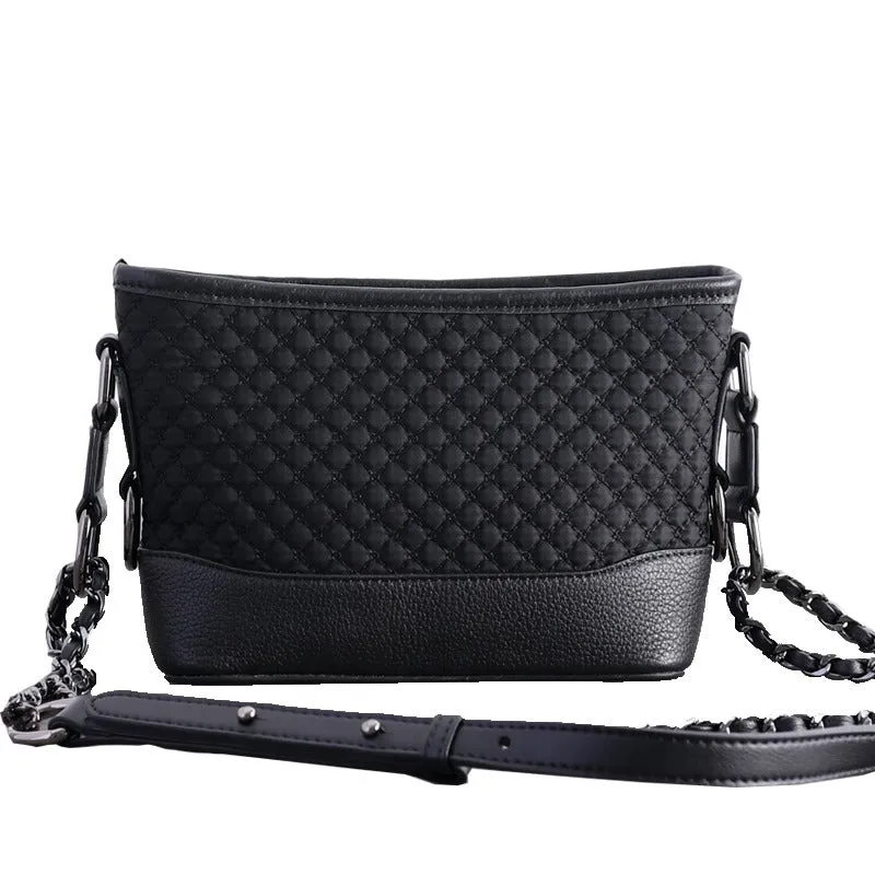 Womens Nylon Leather Shoulder Bag Womens Black Diamond Nylon Chain Shoulder Purse Nylon Chain Purse for Ladies