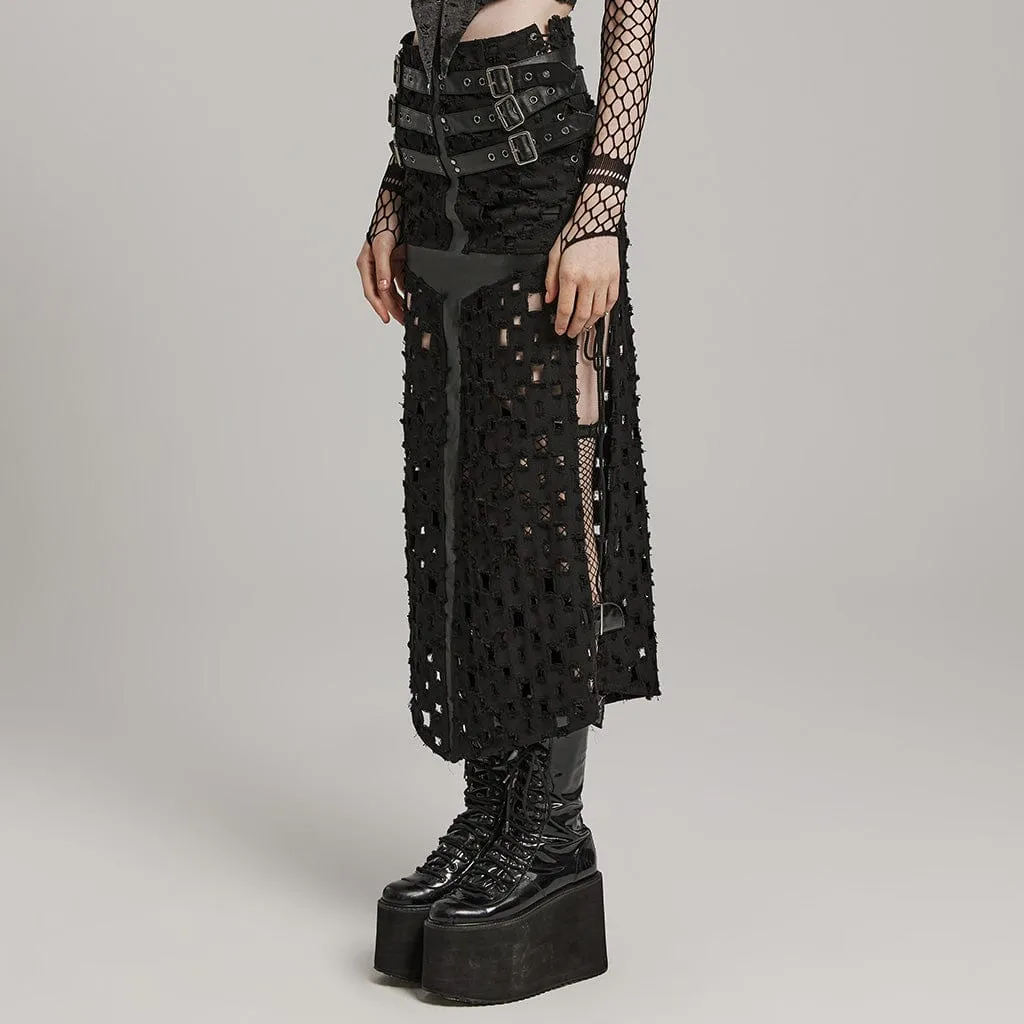 Women's Punk Ripped Buckle Lace-Up Long Skirt