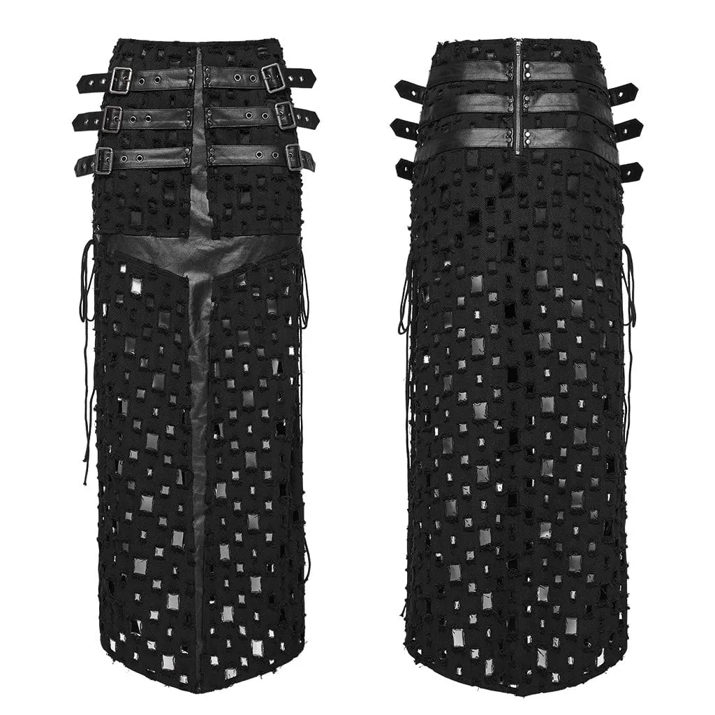 Women's Punk Ripped Buckle Lace-Up Long Skirt