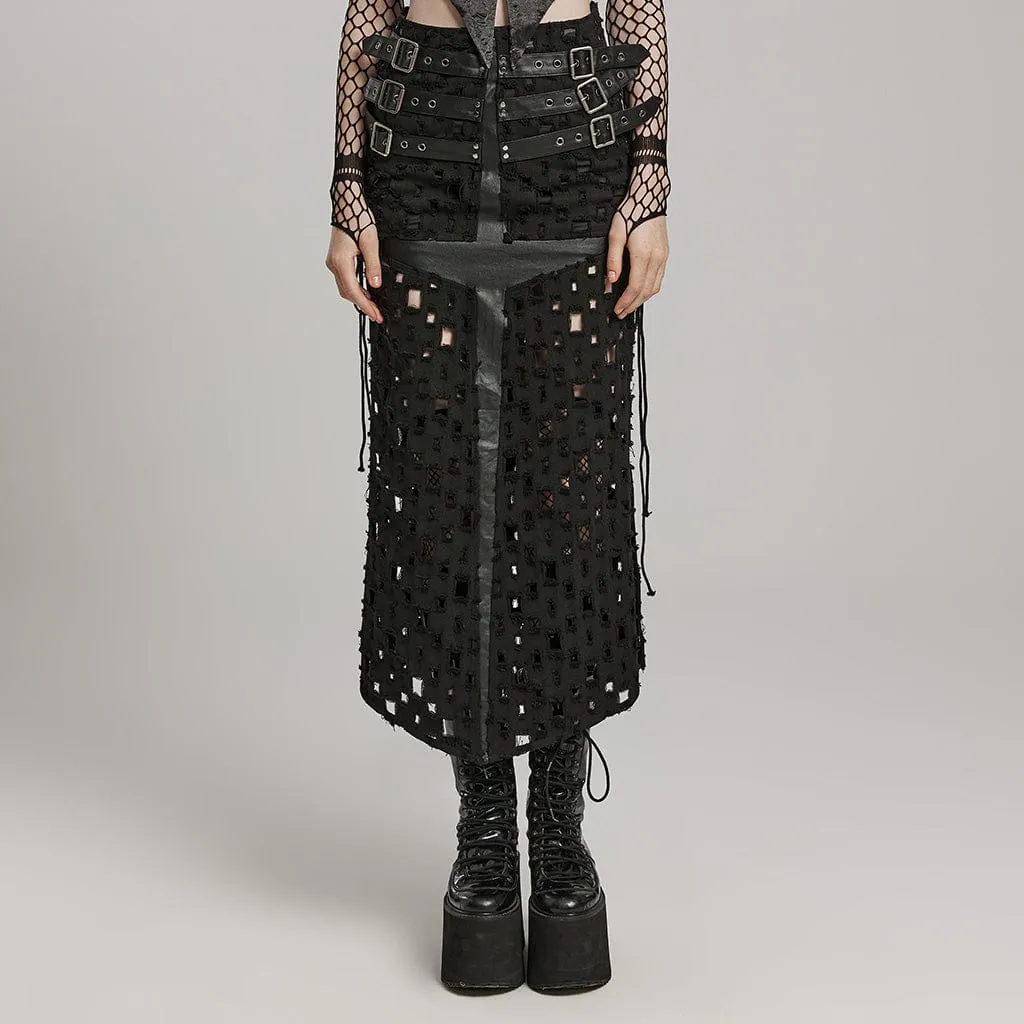 Women's Punk Ripped Buckle Lace-Up Long Skirt