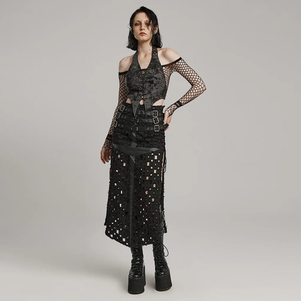 Women's Punk Ripped Buckle Lace-Up Long Skirt