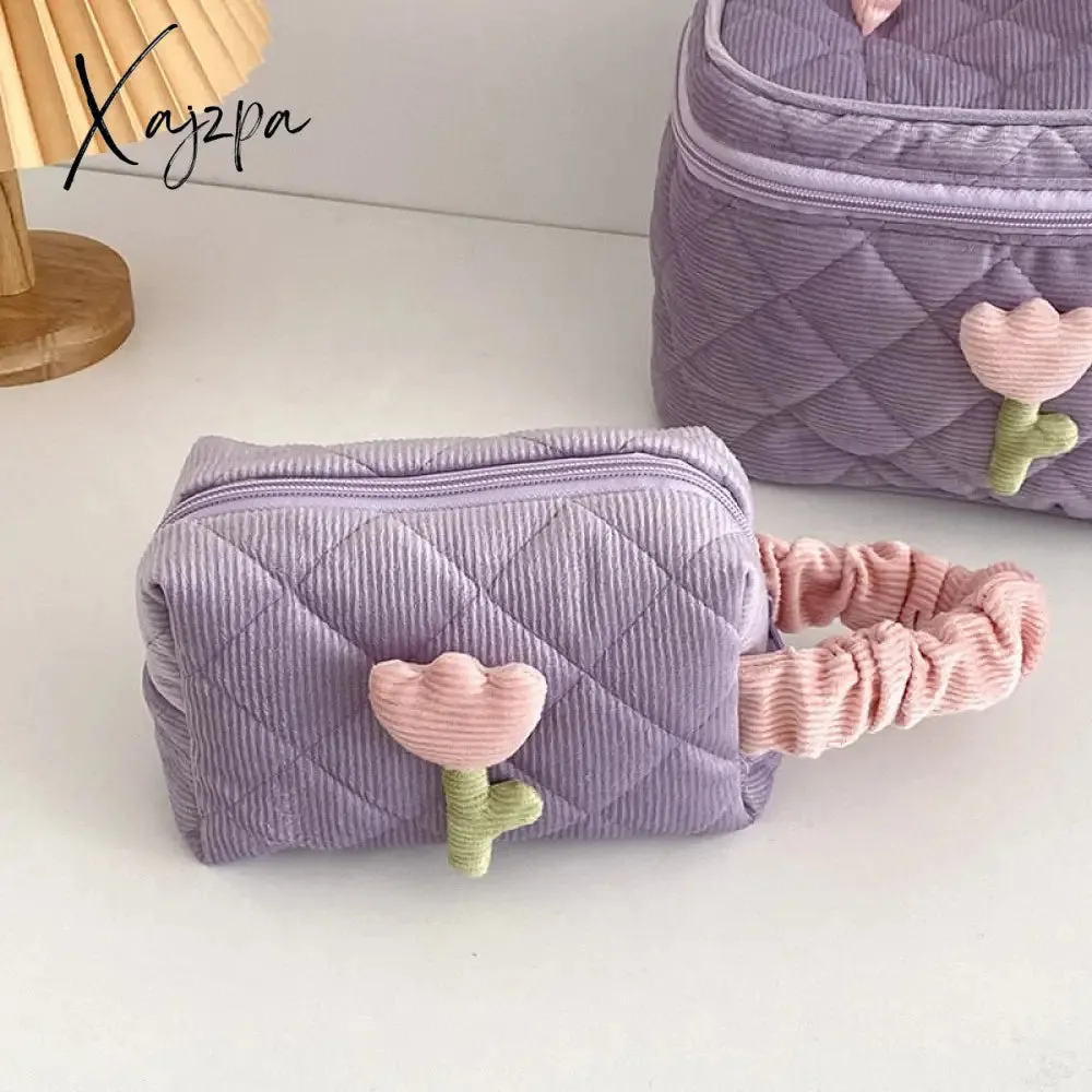 Xajzpa - Women's Tulip Flowers Pouch Ins Large Capacity Travel Cosmetic Bag Corduroy Zipper Toiletry Bags Portable Storage Box